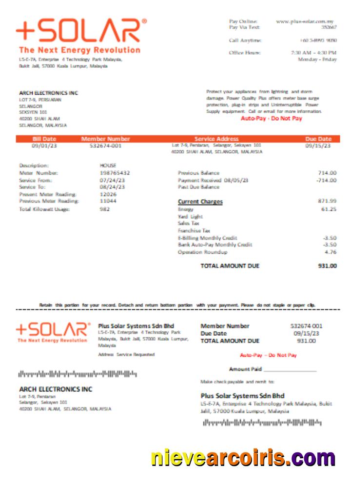Plus Solar Systems Sdn Bhd utility business bill